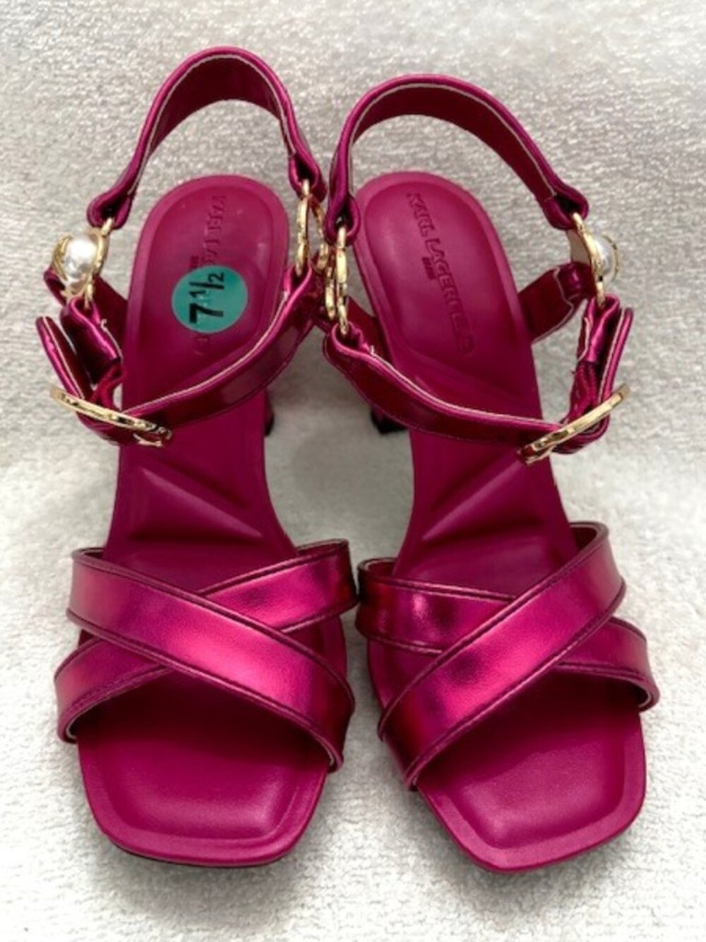 Karl Lagerfeld Paris Daelin metallic hot pink heeled sandals NWOT